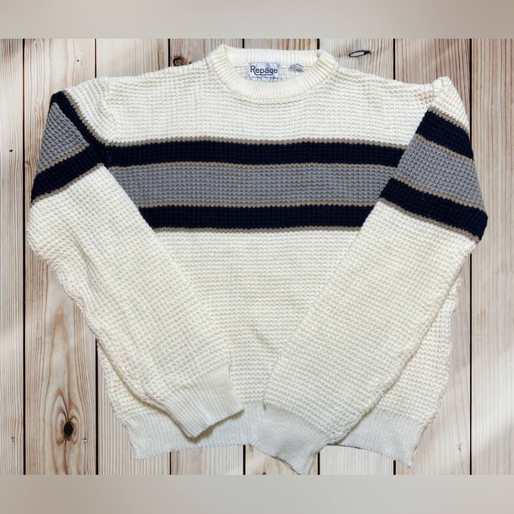 Vintage Striped White And Blue‎ Women’s Sweater by Repage Large